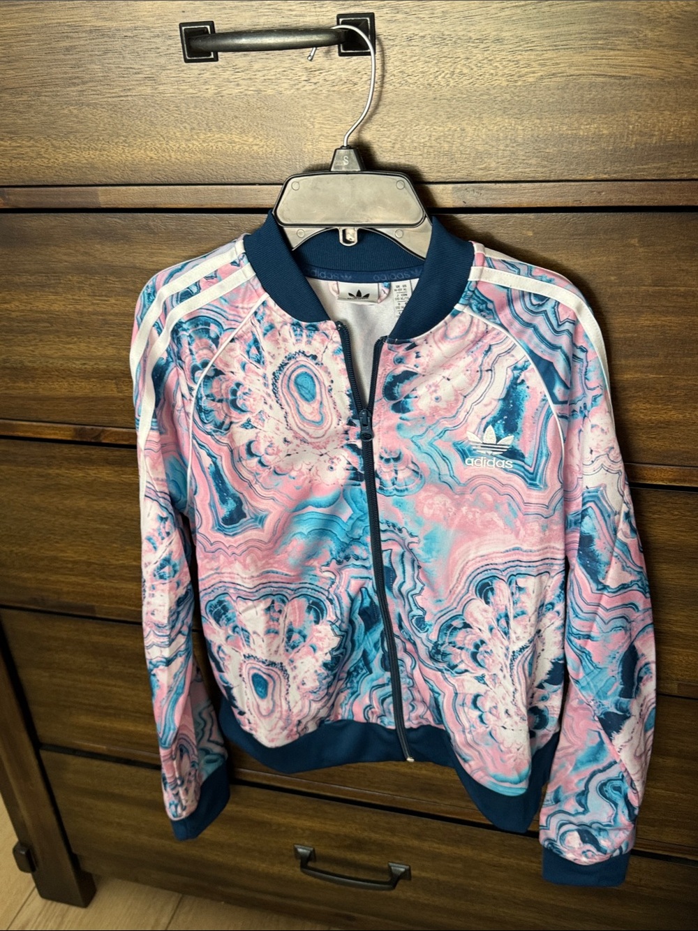 adidas Pink & Blue Marble-Print Girls Youth Track Jacket